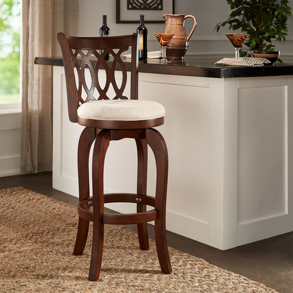 Jaxon Rubberwood Swivel Barstool with Scroll Back and Padded Upholstered Seat