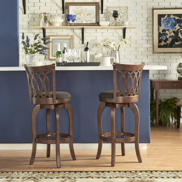 Jaxon Rubberwood Swivel Barstool with Scroll Back and Padded Upholstered Seat