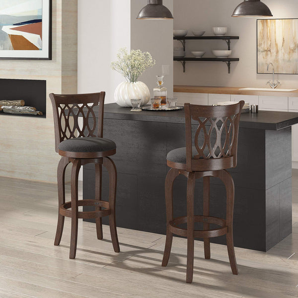 Jaxon Rubberwood Swivel Barstool with Scroll Back and Padded Upholstered Seat