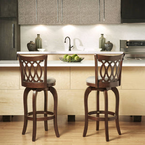 Jaxon Rubberwood Swivel Barstool with Scroll Back and Padded Upholstered Seat