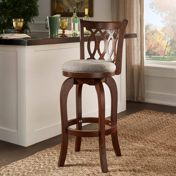 Jaxon Rubberwood Swivel Barstool with Scroll Back and Padded Upholstered Seat