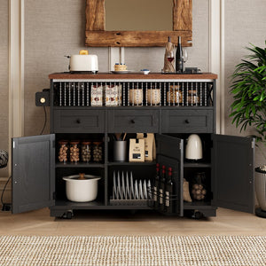 English Elm K&K 46.5'' Farmhouse Kitchen Island Cart with Beaded Drapes, Drop Leaf, Power Hub, Ample Storage Black N707P254872B