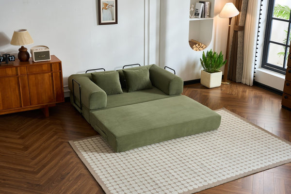 English Elm 59'' Corduroy Convertible Floor Sofa Sleeper with Bolster Pillow for Small Spaces Green W3434P406617