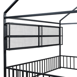 English Elm Full Metal House Bed Frame Full Size with Built-In Fence and 4 Grid Shelves for Durable Storage and Style Black N737P175361B