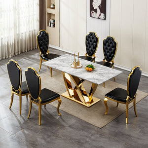 English Elm Marble Dining Table For 6, 70'' Rectangular Faux Marble With Mirrored Stainless Steel Base, Modern Elegance W3456S00026