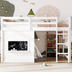 English Elm Twin Loft Bed House Frame with Sliding Chalkboard Built-in Bookshelf and Safety Rails White W1580S00319