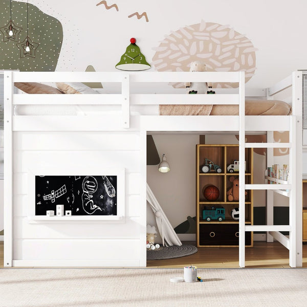 English Elm Twin Loft Bed House Frame with Sliding Chalkboard Built-in Bookshelf and Safety Rails White W1580S00319