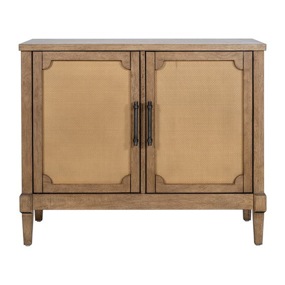English Elm Woven Cane Accent Cabinet Toasted Almond Finish, Solid Wood Legs, Mid-Century Storage Console B035P256568