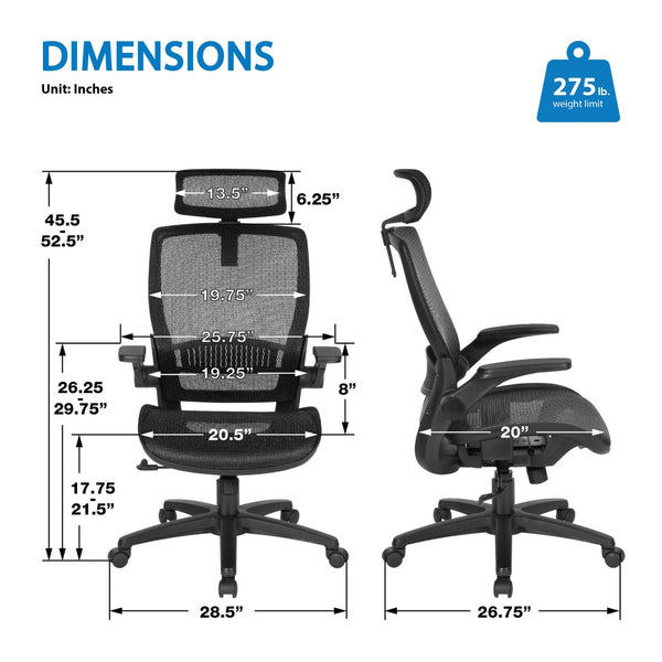 OSP Home Furnishings Mesh Back Ergonomic Manager Chair with Adjustable Headrest Lumbar Support and Flip Armrests EMM65151HR-3