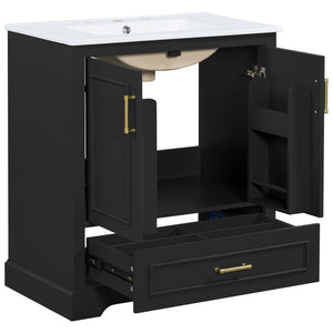 English Elm 30" Freestanding Bathroom Vanity Matte Black Solid Wood Ceramic Sink Soft Close N729P321376B