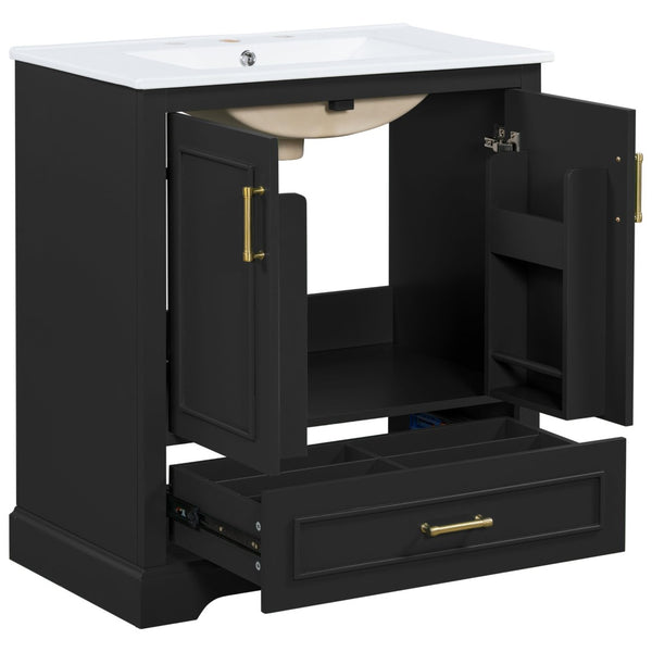 English Elm 30" Freestanding Bathroom Vanity Matte Black Solid Wood Ceramic Sink Soft Close N729P321376B