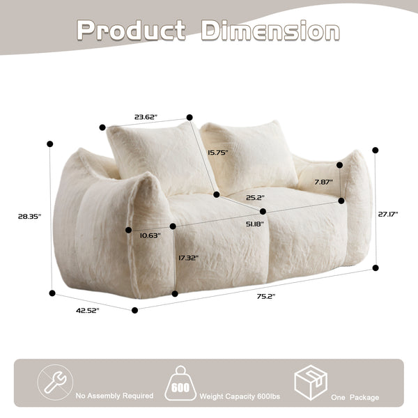 English Elm Giant Ultra Soft Fluffy Loveseat Bean Bag Sofa for Adults, Oversized Shredded Foam Couch with Pillows White W3723P353892
