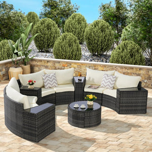 English Elm Outdoor Half Moon Sectional Sofa Set with Woven Rattan Frame and Tempered Glass Table Beige W874S00048