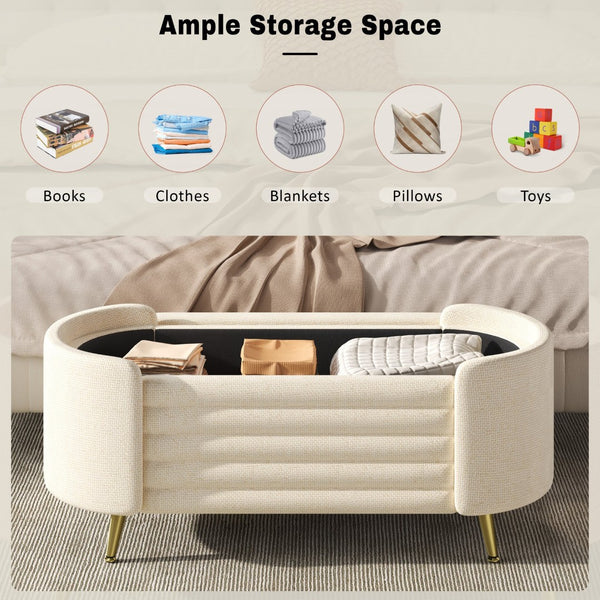 English Elm Modern Boucle Tufted Storage Ottoman Bench with Gold Legs for Bedroom or Entryway Beige N719P305628A