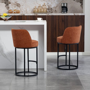 English Elm Counter Height Barstools Set of 2 Linen Upholstered Barrel Seat with Iron Legs Orange W395P410432
