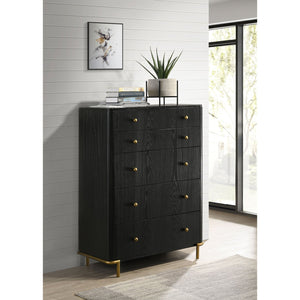English Elm Anser Modern 5-Drawer Chest: Elegant Black Woodgrain Storage With Gold Accents For Any Bedroom B062P358456