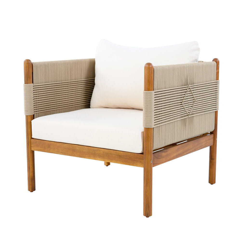 English Elm Outdoor Acacia Wood Patio Club Chair with Diamond Rope Weave and Weather Cushions Beige,Cream,Teak N768P361445T