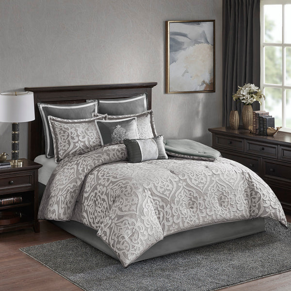 JLA Home Madison Park - 8 Jacquard Comforter Set with Damask Medallion, Satin Highlights, Euro Shams, Decorative Pillows & Bed Skirt — Hotel-Inspired Luxury 92 L x 104 W x 1.5H MP10-5886