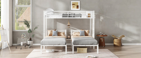 English Elm Twin Triple Bunk Bed Metal L-shaped Frame Sleeps Three Kids White Finish W1580S00567