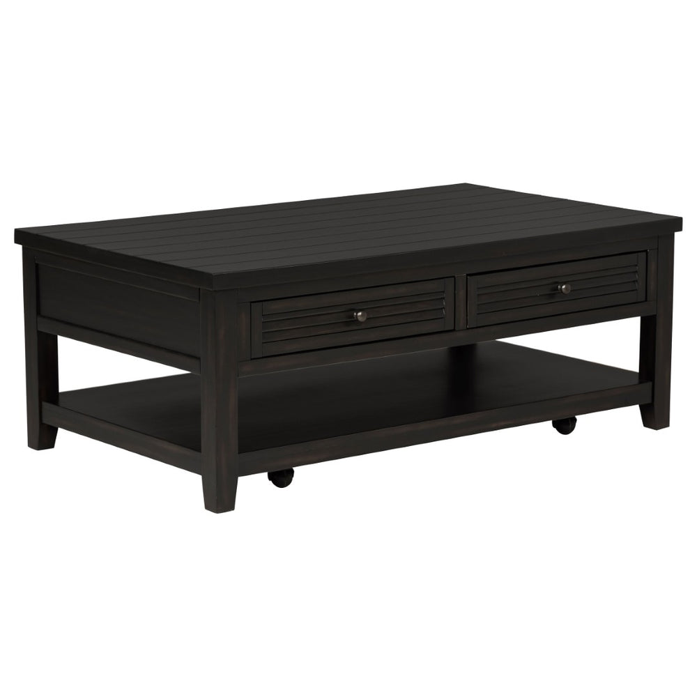 English Elm Sutter Planked Wood Coffee Table with Louvered Drawers for Farmhouse Living Rooms B062P441046