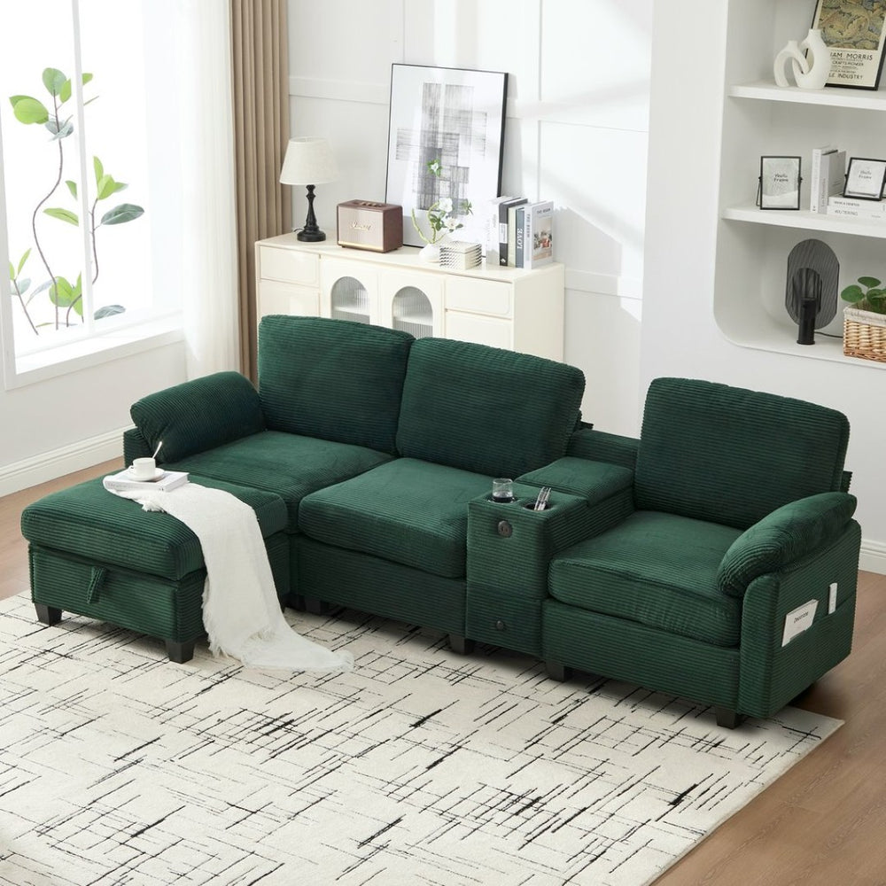 English Elm United L-Type Multifunctional Corduroy Sofa: 4-Seater With Usb, Cup Holders & Hidden Storage Space W1568S00224-GIGA
