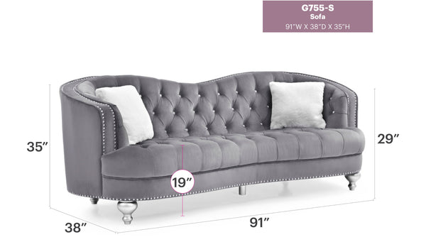 English Elm Jewel Glam Velvet Sofa with Deep Tufting, Nailhead Trim, Painted Legs & Contrasting Pillow — Luxurious Comfort and Durability Gray 30 L x 91 W x 37.5 H B078108411
