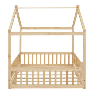 English Elm Full Size Pine Playhouse Bed with Roofline and Fence Rails for Kids Bedroom Natural WF302177AAN