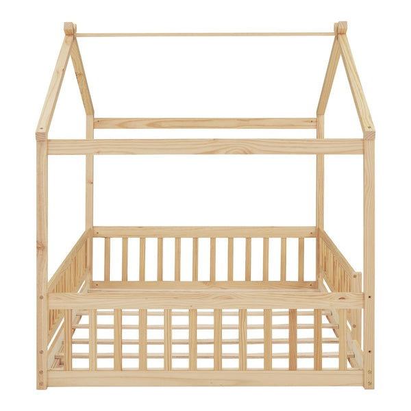 English Elm Full Size Pine Playhouse Bed with Roofline and Fence Rails for Kids Bedroom Natural WF302177AAN