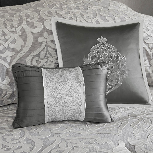 English Elm 8 Piece Jacquard Comforter Set - Luxurious Silver Cal King Set With Elegant Medallion Design & Pillows B035128888