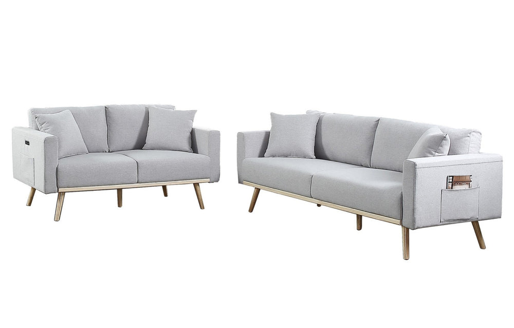 English Elm Elio Mid-century Linen Sofa and Loveseat Set with Usb Port Storage Pockets Light Gray B2749S00015