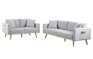 English Elm Elio Mid-century Linen Sofa and Loveseat Set with Usb Port Storage Pockets Light Gray B2749S00015