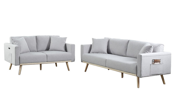 English Elm Elio Mid-century Linen Sofa and Loveseat Set with Usb Port Storage Pockets Light Gray B2749S00015