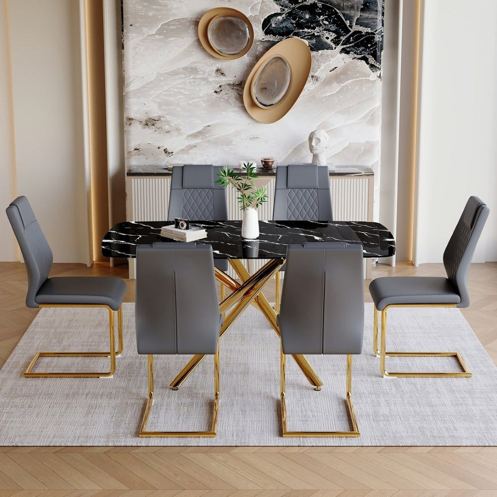 English Elm Table and Chair Set Marble Glass Top with Sculptural Gold Legs Six Seat Glam Dining Black+Gold,Dark Gray W1151S03297