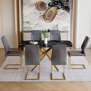 English Elm Table and Chair Set Marble Glass Top with Sculptural Gold Legs Six Seat Glam Dining Black+Gold,Dark Gray W1151S03297
