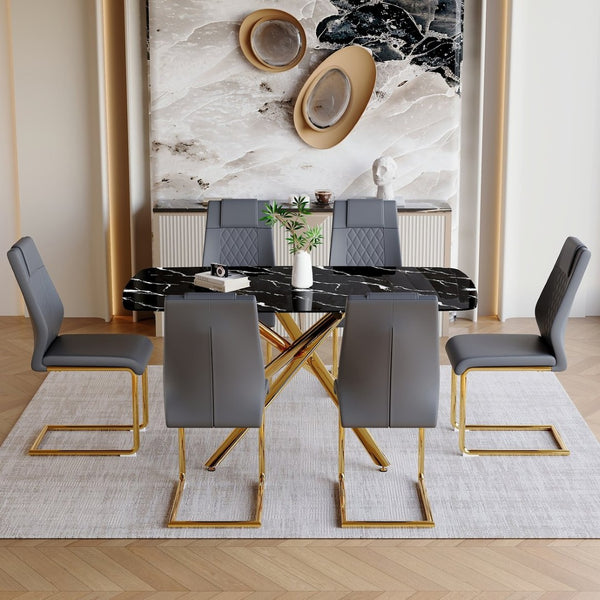 English Elm Table and Chair Set Marble Glass Top with Sculptural Gold Legs Six Seat Glam Dining Black+Gold,Dark Gray W1151S03297