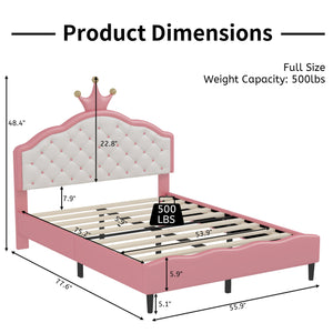 English Elm Full Full Size Lovely Crown Fantasy PU Leather Princess Bed with Tufted Headboard, Pink Cream, Sturdy Frame N733P198762H