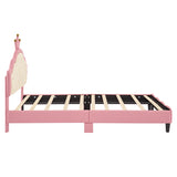 English Elm Twin Size Lovely Crown Fantasy Pu Leather Princess Bed With Tufted Headboard, Pink+Cream