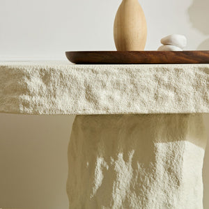 English Elm 53.94 Inch Sculptural Fiberglass Console Table with Stone Look Pillar Legs for Entryway W2582S00199