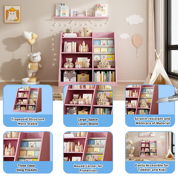English Elm Pink Montessori Wooden Toy Storage Cabinet with 4-Tier Sling Book Pockets Sturdy Kids Bookshelf W2876P233538