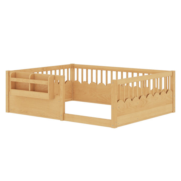 English Elm Twin Low Profile Kids Floor Bed Pine Wood Frame with Safety Rail and Built in Bookshelf Natural W1580P373141