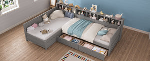 English Elm Twin Corner Daybed with Storage Drawers Bookshelf Wood L-shape Frame for Small Rooms Grey N733S369272E