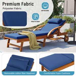 English Elm U_style Acacia Wood Outdoor Chaise Lounger with Reclining Backrest Cushions and Side Tray Navy Blue N711P415859C