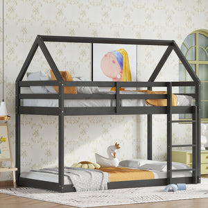 English Elm Twin Rubber Wood Floor Bunk Bed House-Shaped Design with Ladder Guardrails Sturdy Low-Profile Retreat Black W504P206865