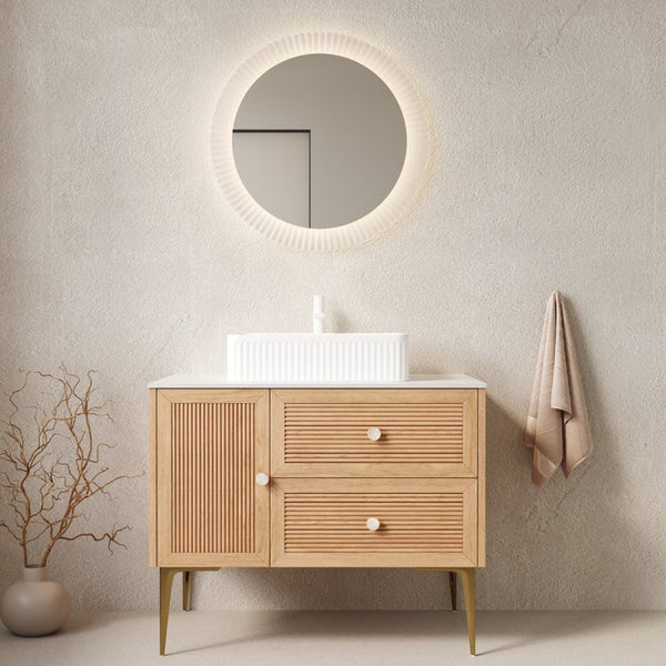 English Elm Dina Floating Bathroom Vanity Sintered Stone Top Glass Basin Striped Plywood Cabinet W2615S00208