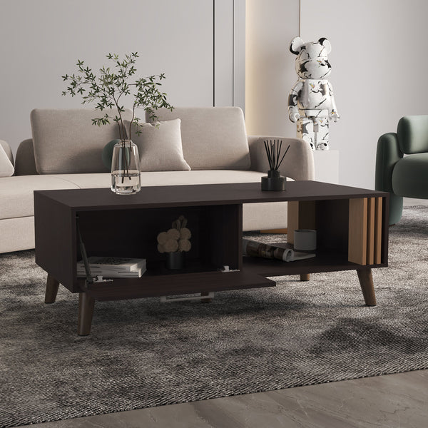 English Elm Coffee engineered wood coffee table on casters with single shelf, minimalist, durable, eco-friendly Black+ khaki 59.06 L x 47.2 W x 3.94 H B097P262373