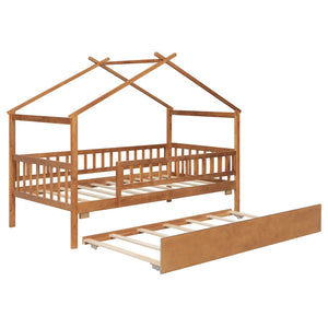 English Elm Twin House Bed with Trundle Solid Pine Frame Walnut Kids Bedroom Sleepover N708P357115L