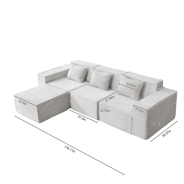 English Elm L-shaped Corduroy Sectional with Ottoman Three Seat Modular Sofa for Modern Living Light Gray W2699S00081
