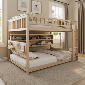English Elm Full Over Bunk Bed with Led Lighting Pegboard Shelving and Pine Wood Frame Beige LT000278AAA