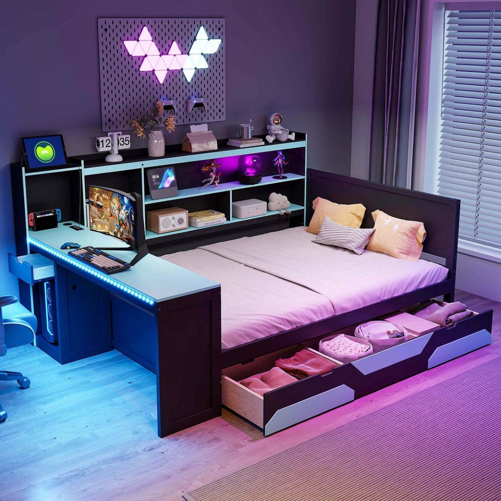 English Elm Full Size Gaming Bed Frame with Desk Led Lights Storage Drawers and Charging Station Black+Blue LP000289AAC