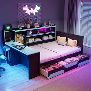 English Elm Full Size Gaming Bed Frame with Desk Led Lights Storage Drawers and Charging Station Black+Blue LP000289AAC